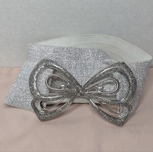 Silver Glitter Belt Wide Elastic Waist Bow Clasp Stretch Waist Vintage??